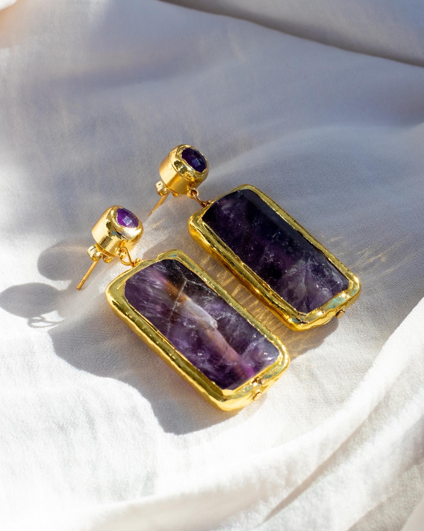 Amethyst Rectangular Gold Drop Earrings