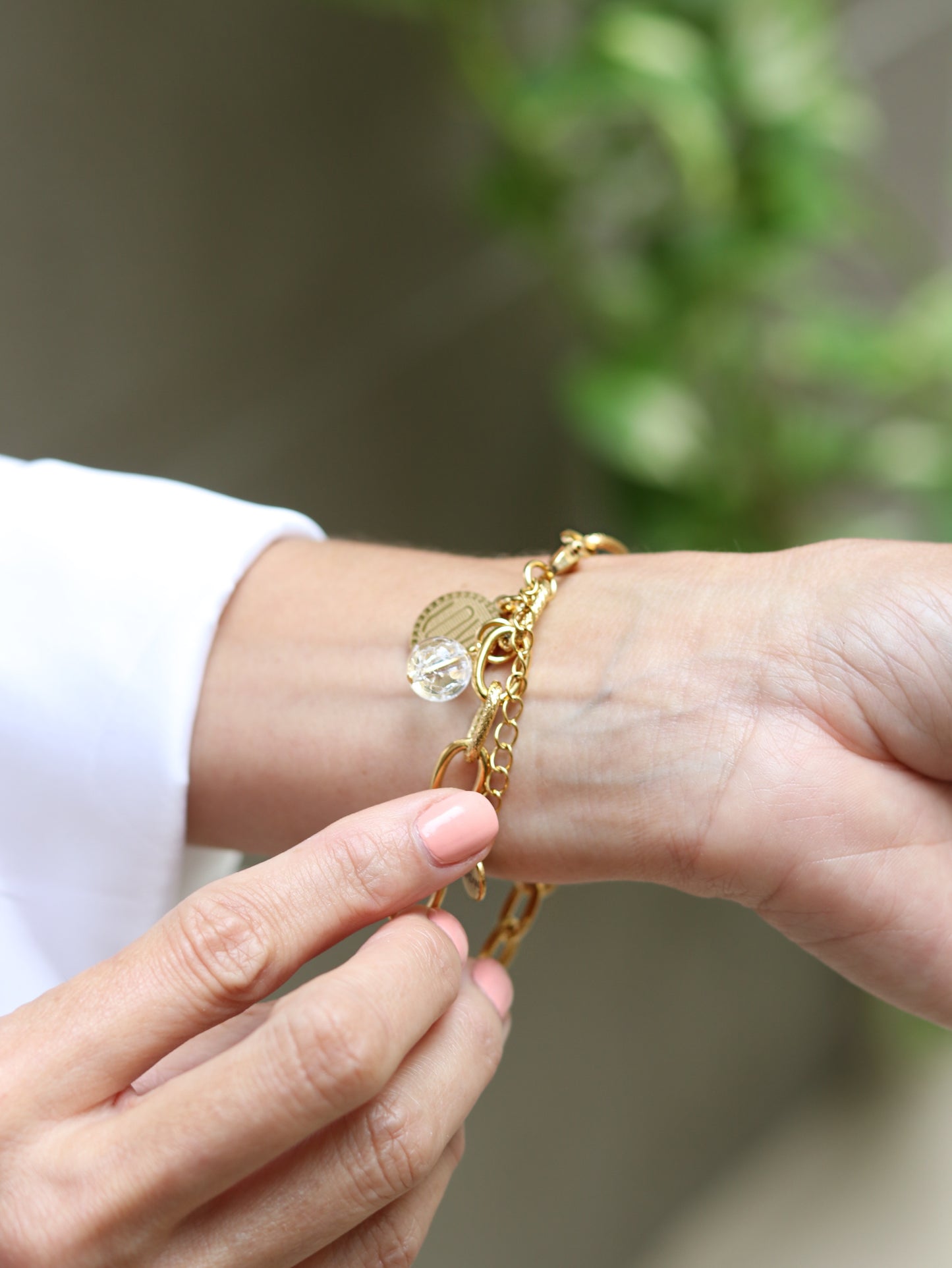Textured Chain Bracelet with Quartz and Love charm
