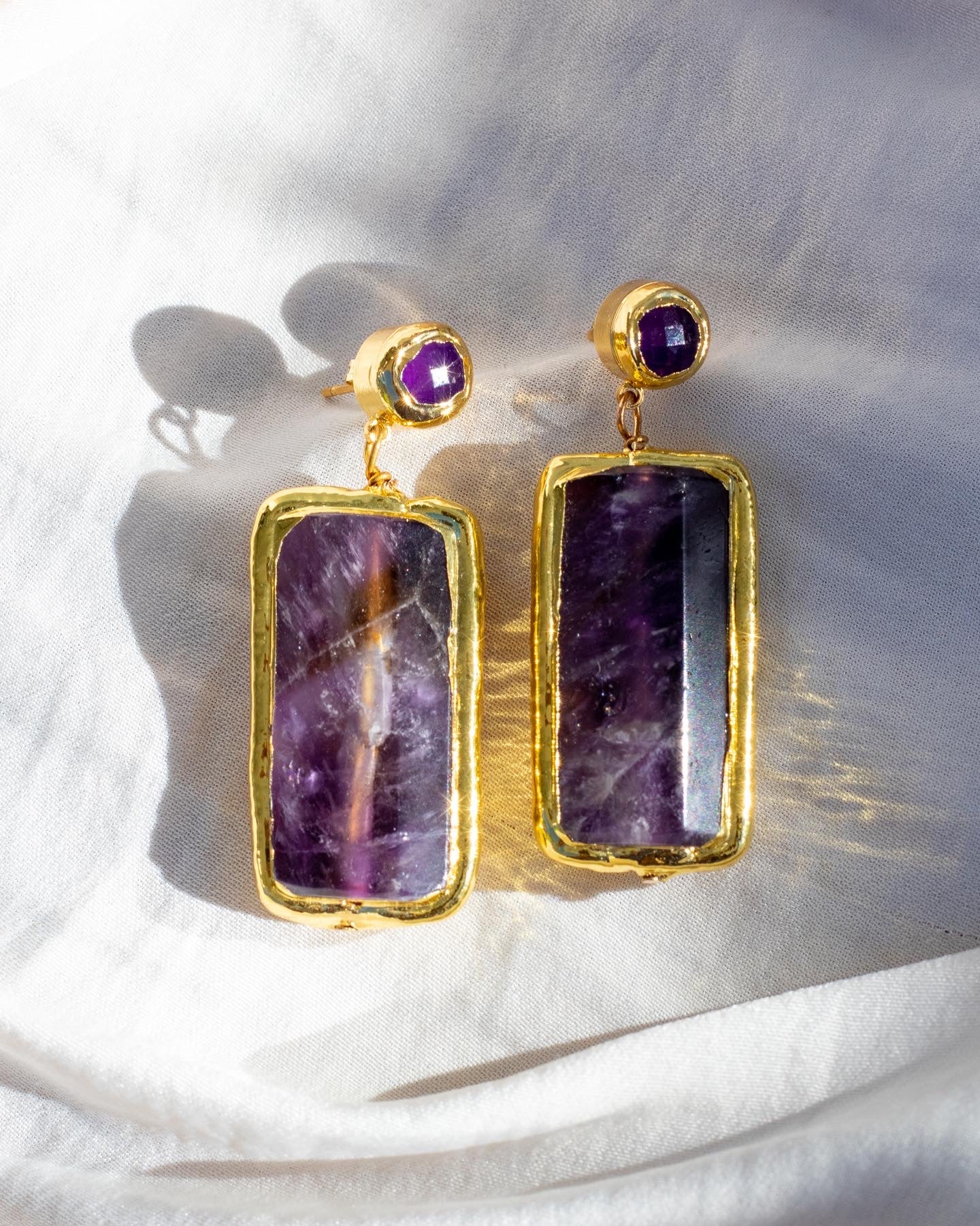 Amethyst Rectangular Gold Drop Earrings