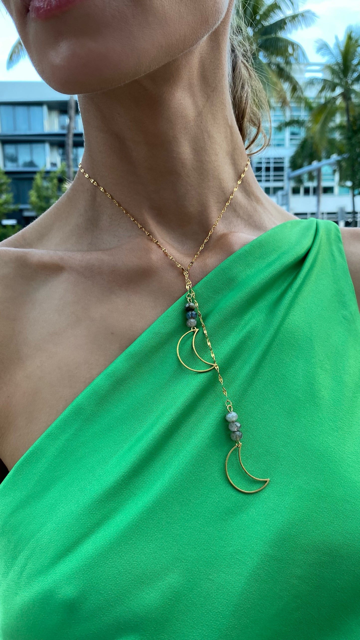 LABRADORITE FACE HAIN OR TIE NECKLACE GOLD CHAIN MOON CHARM FEMININE DELICATE EMPOWERING JEWELRY GODDESS VIBES EXOTIC JEWELRY GIFT FOR WOMEN WIFE GIRLFRIEND MOON PENDANT NECKLACE