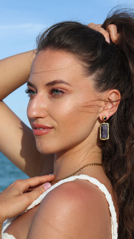 Amethyst Rectangular Gold Drop Earrings