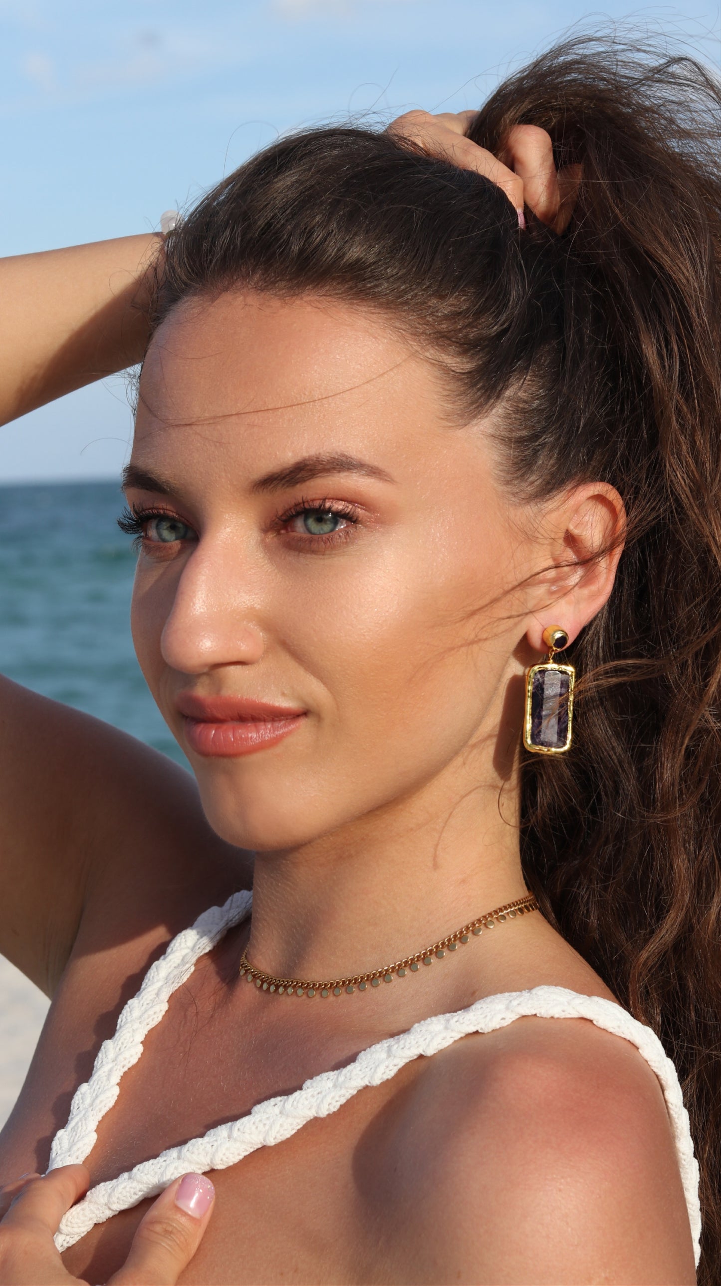 Amethyst Rectangular Gold Drop Earrings