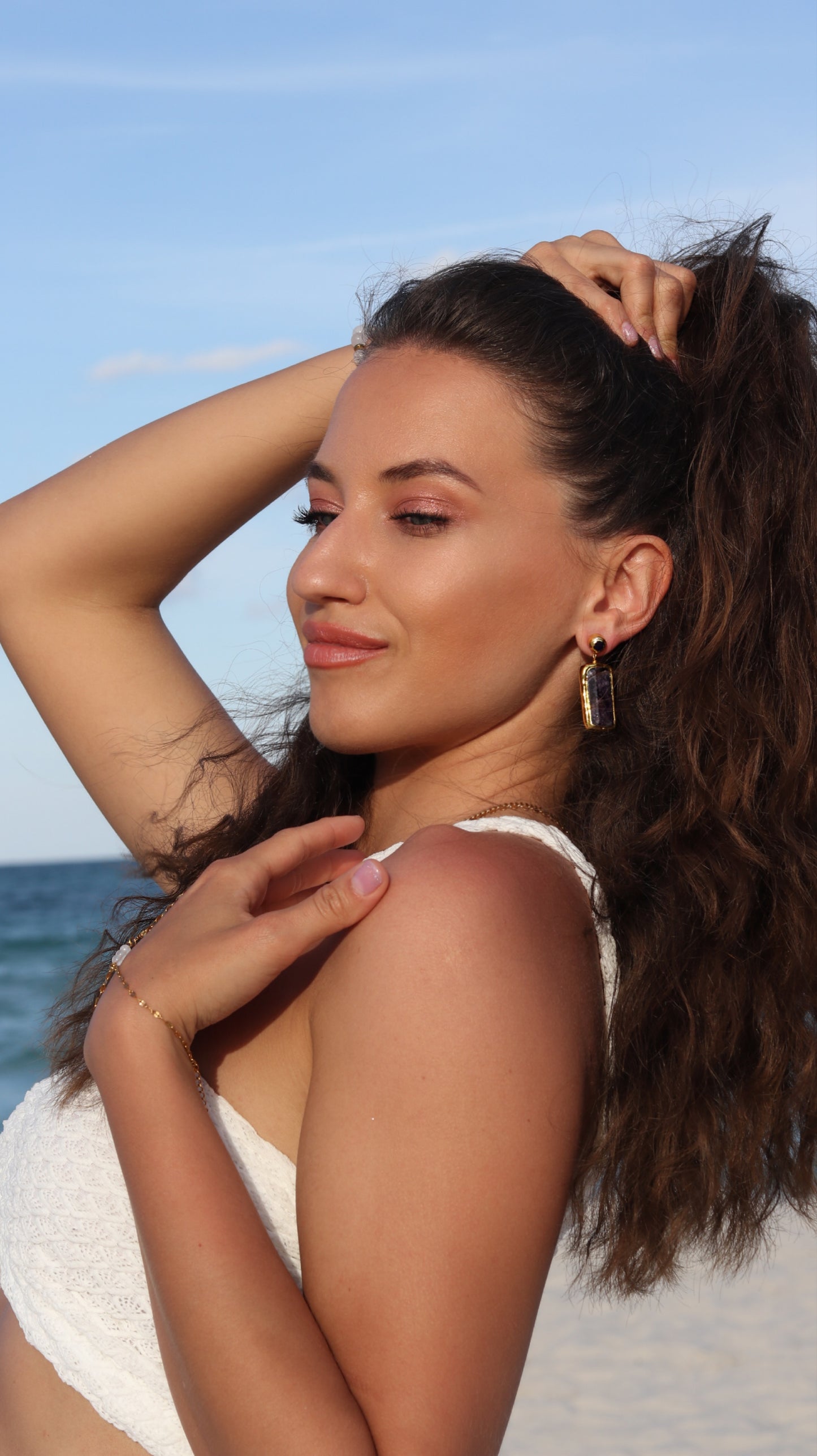 Amethyst Rectangular Gold Drop Earrings