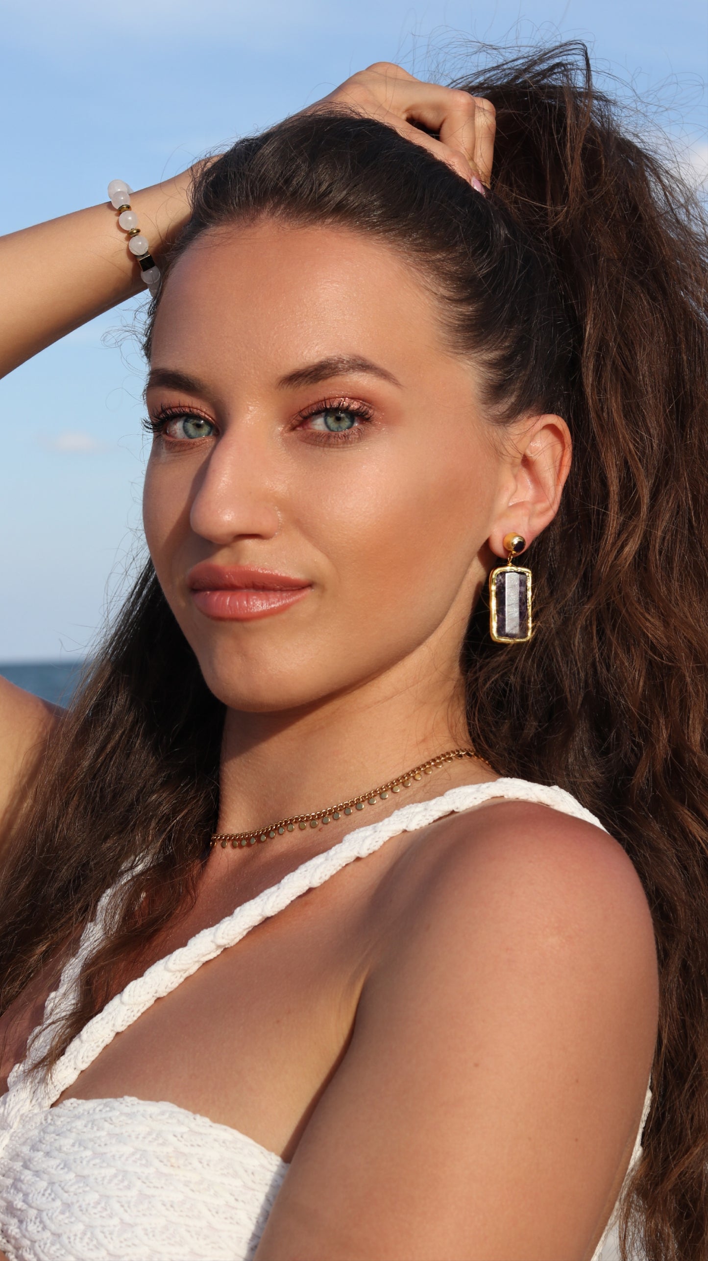 Amethyst Rectangular Gold Drop Earrings