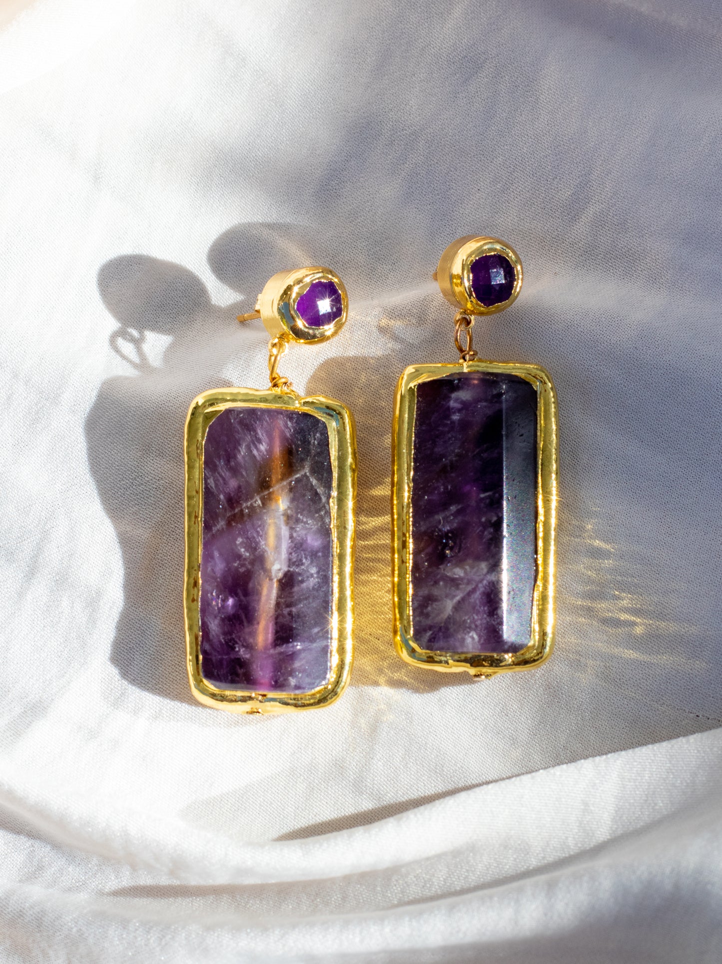 Amethyst Rectangular Gold Drop Earrings