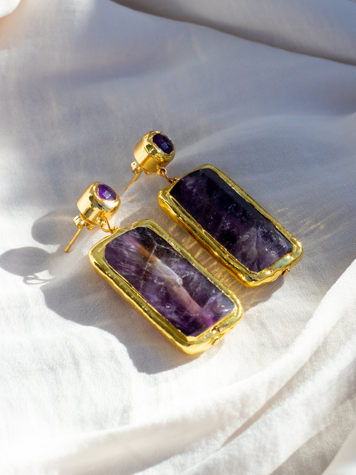 Amethyst Rectangular Gold Drop Earrings