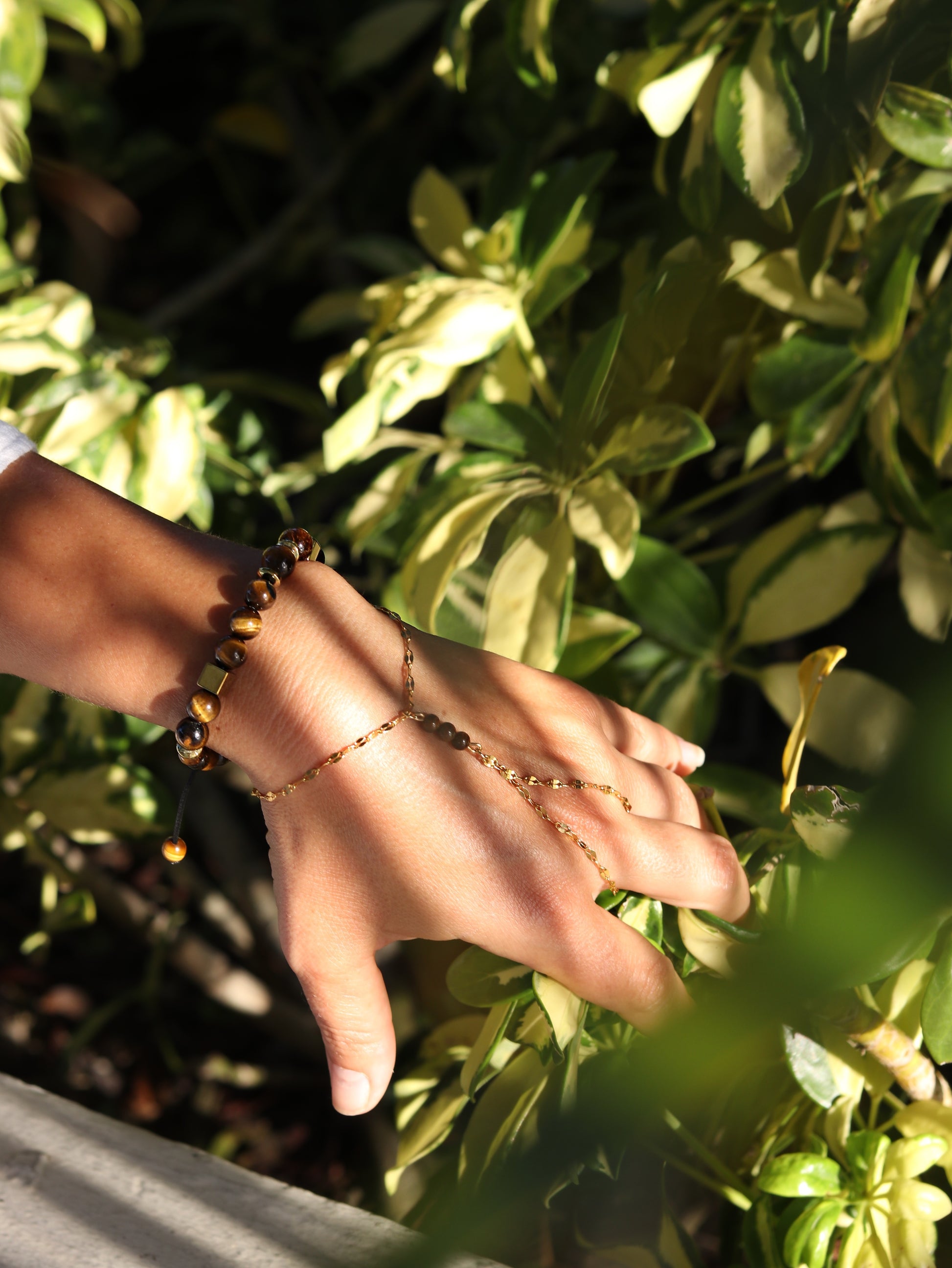 Tiger's Eye hand chain bracelet solar plexus chakra gemstone with gold chain goddess jewelry