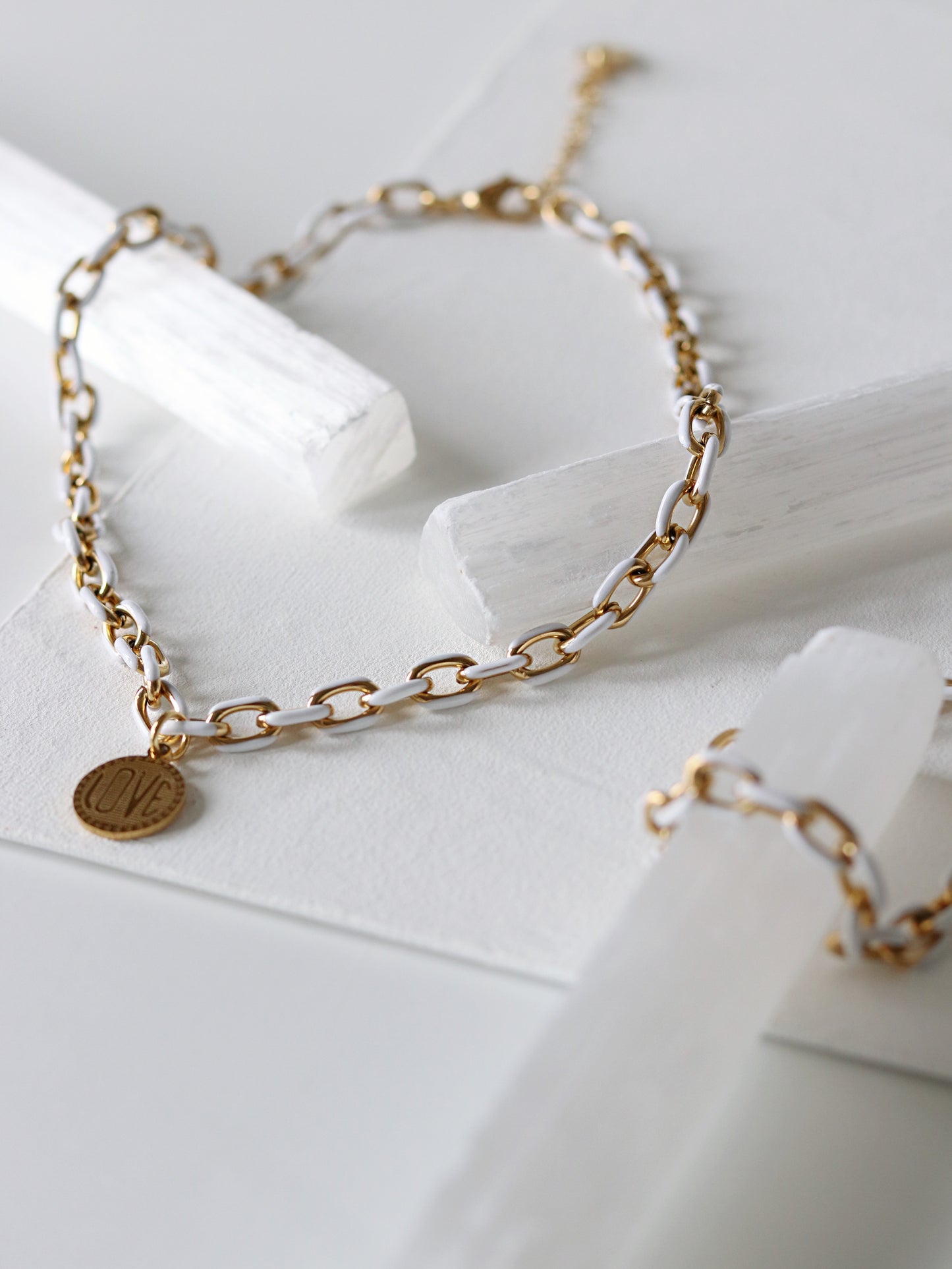 White Enamel Gold Chain Love Necklace