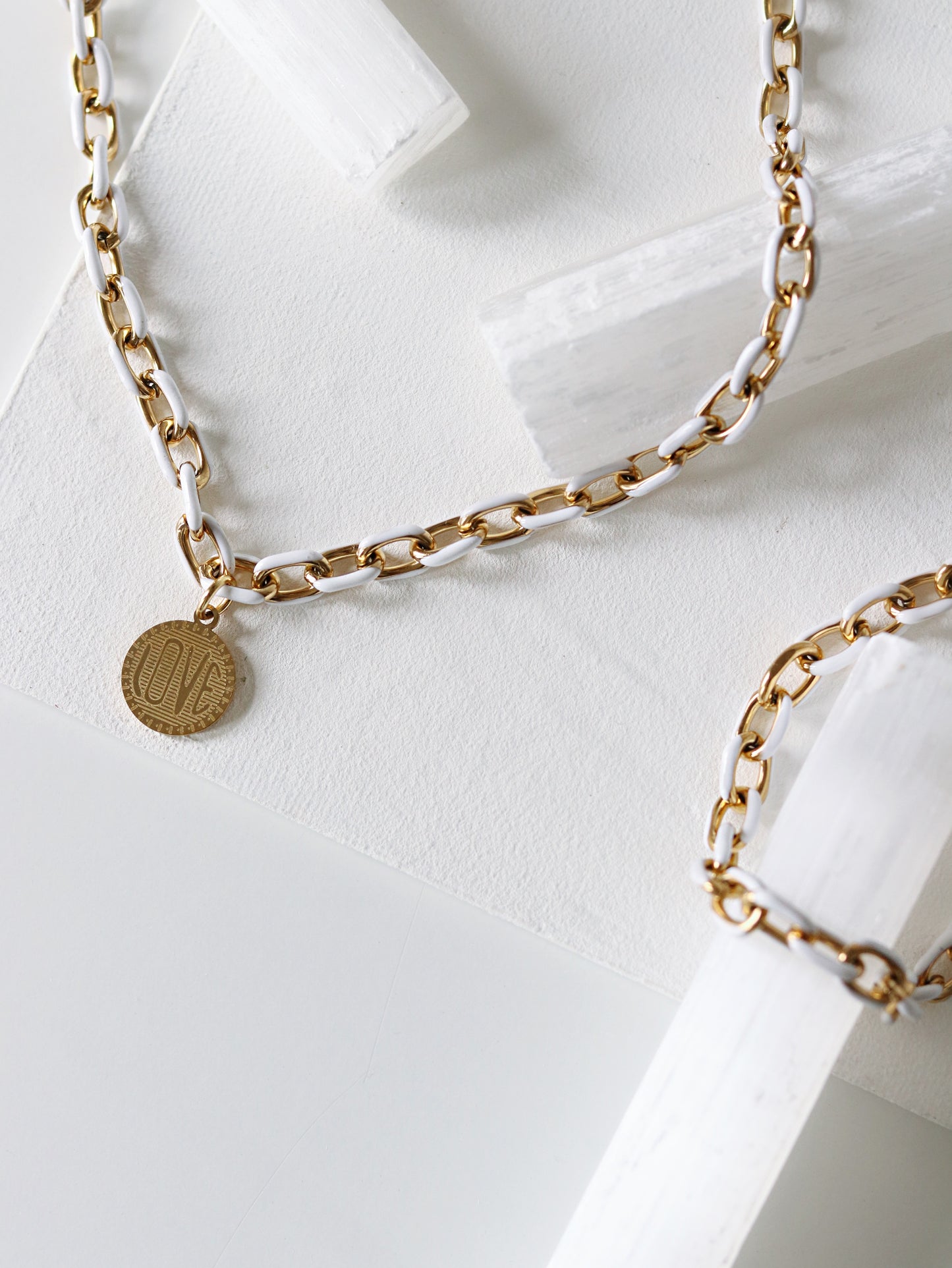 White Enamel Gold Chain Love Necklace