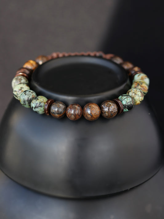 Bronzite with African Turquoise Bracelet For Men, High Quality Natural Balance Transformation Stone, Gift for Him Anniversary, Yoga Mala