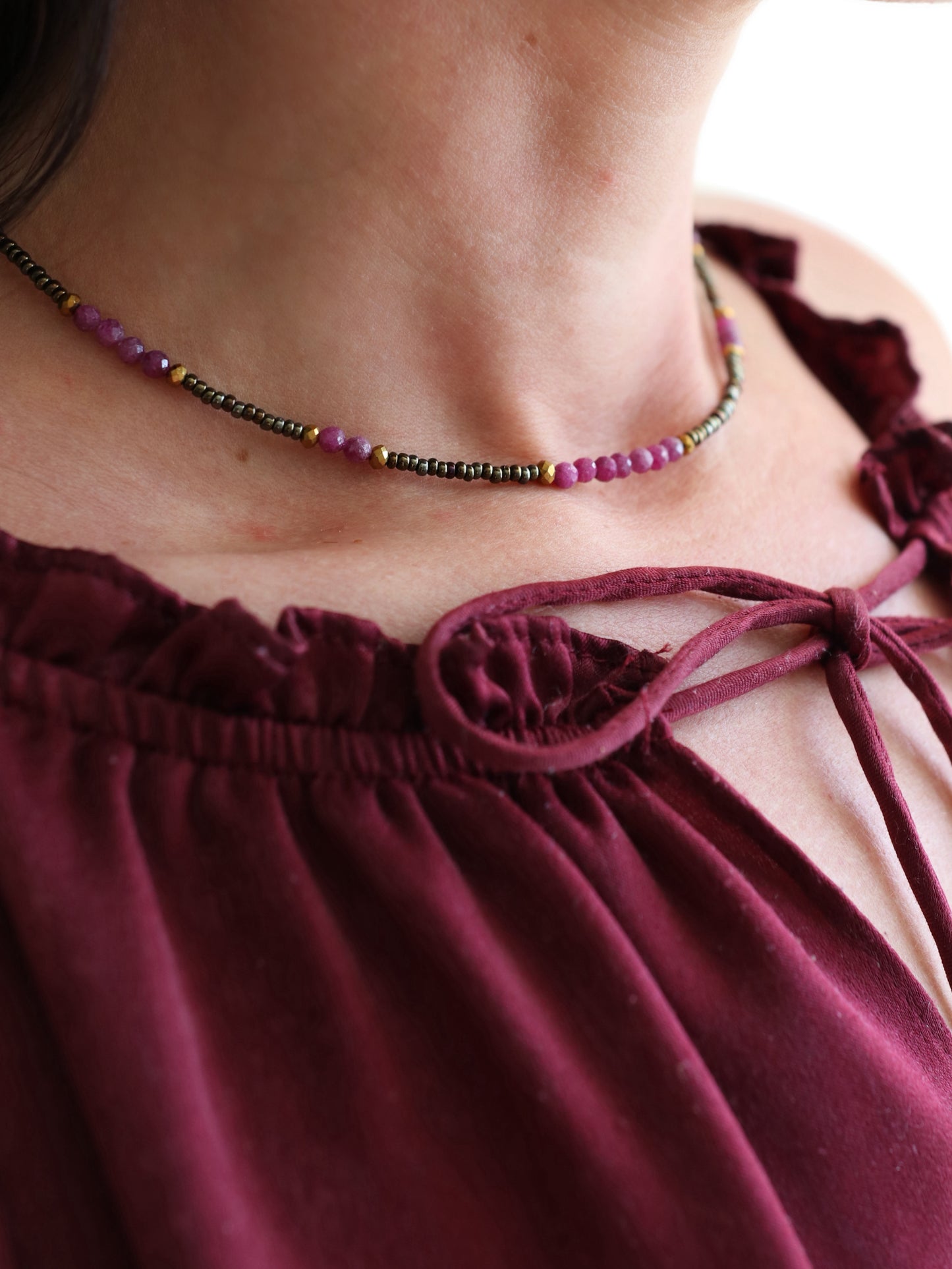 Violeta Set | Dainty Ruby Bead Necklace & Bracelet