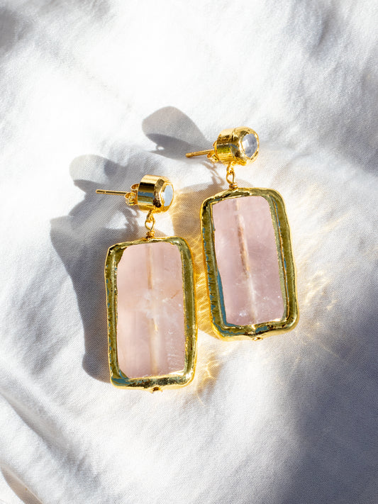 Rose Quartz Rectangular Drop Earrings
