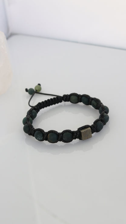Men’s Moss Agate & Pyrite Macrame Bracelet