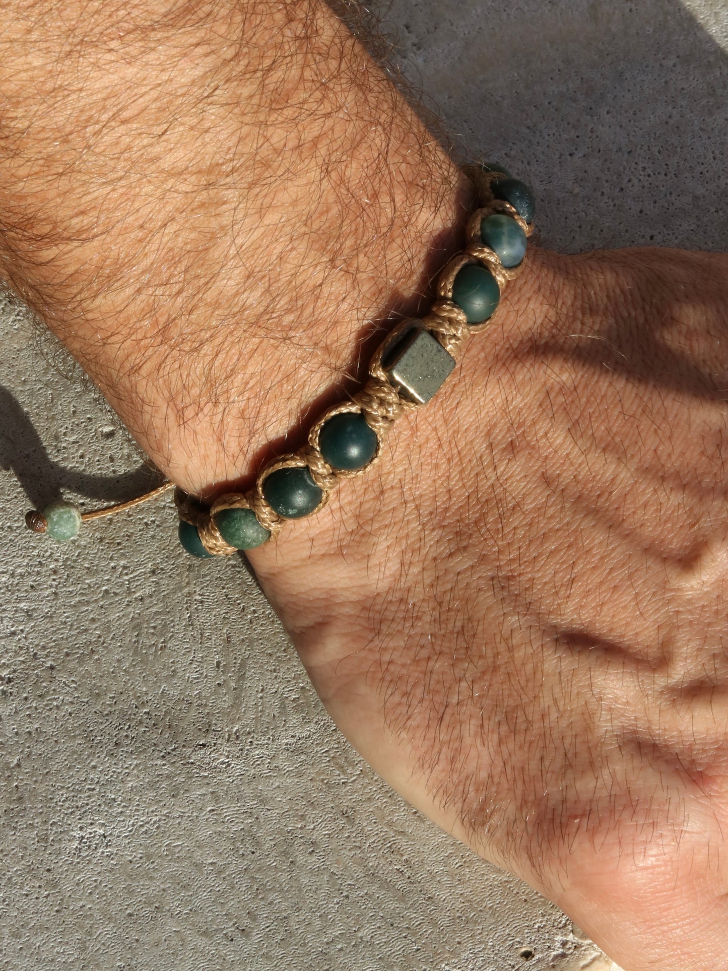 Men’s Moss Agate & Pyrite Macrame Bracelet