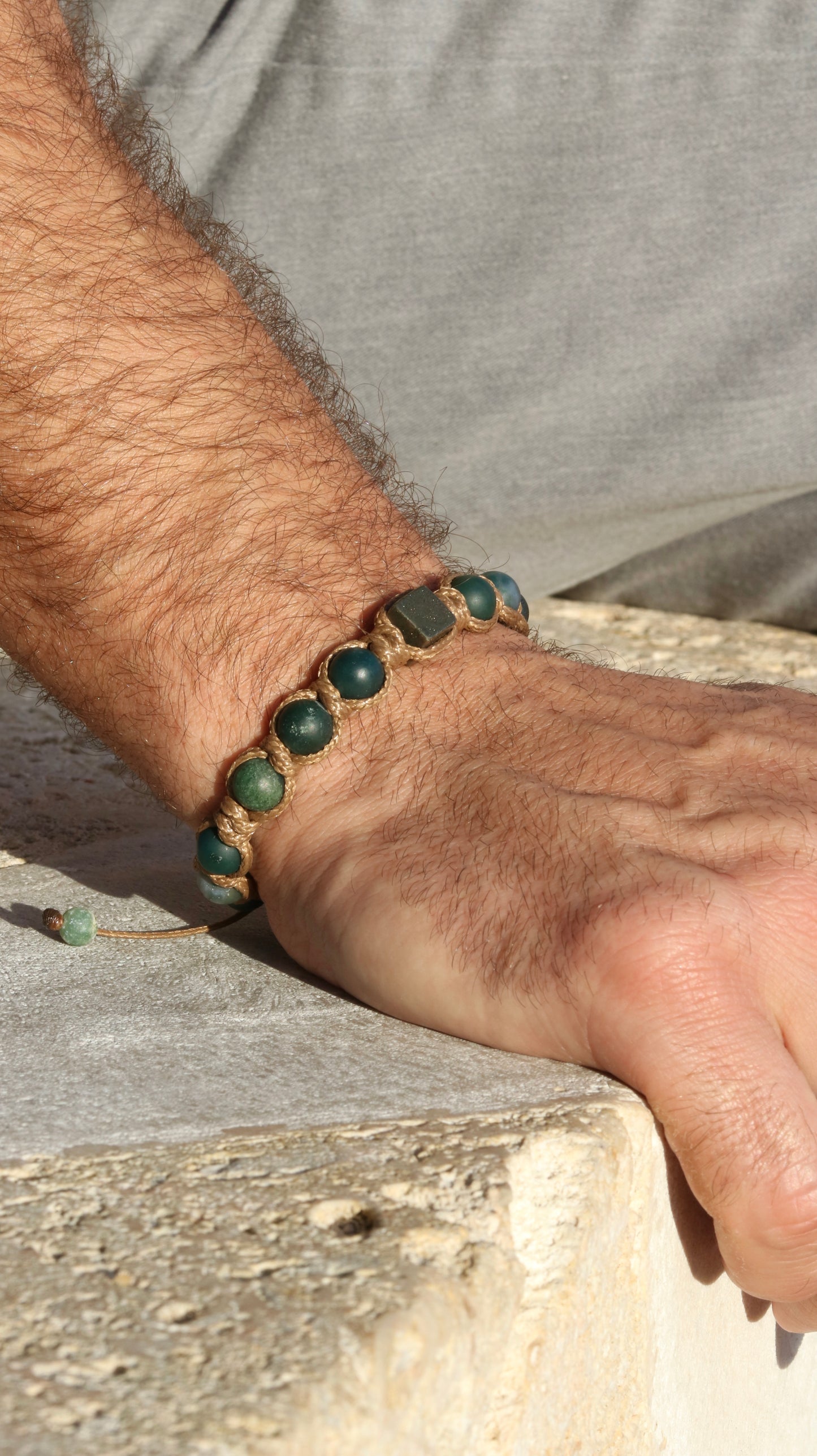 Men’s Moss Agate & Pyrite Macrame Bracelet