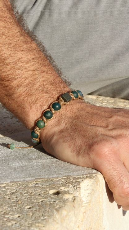 Men’s Moss Agate & Pyrite Macrame Bracelet