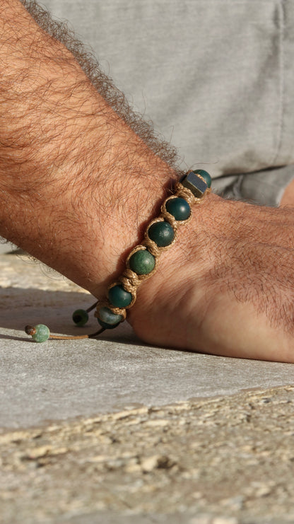 Men’s Moss Agate & Pyrite Macrame Bracelet