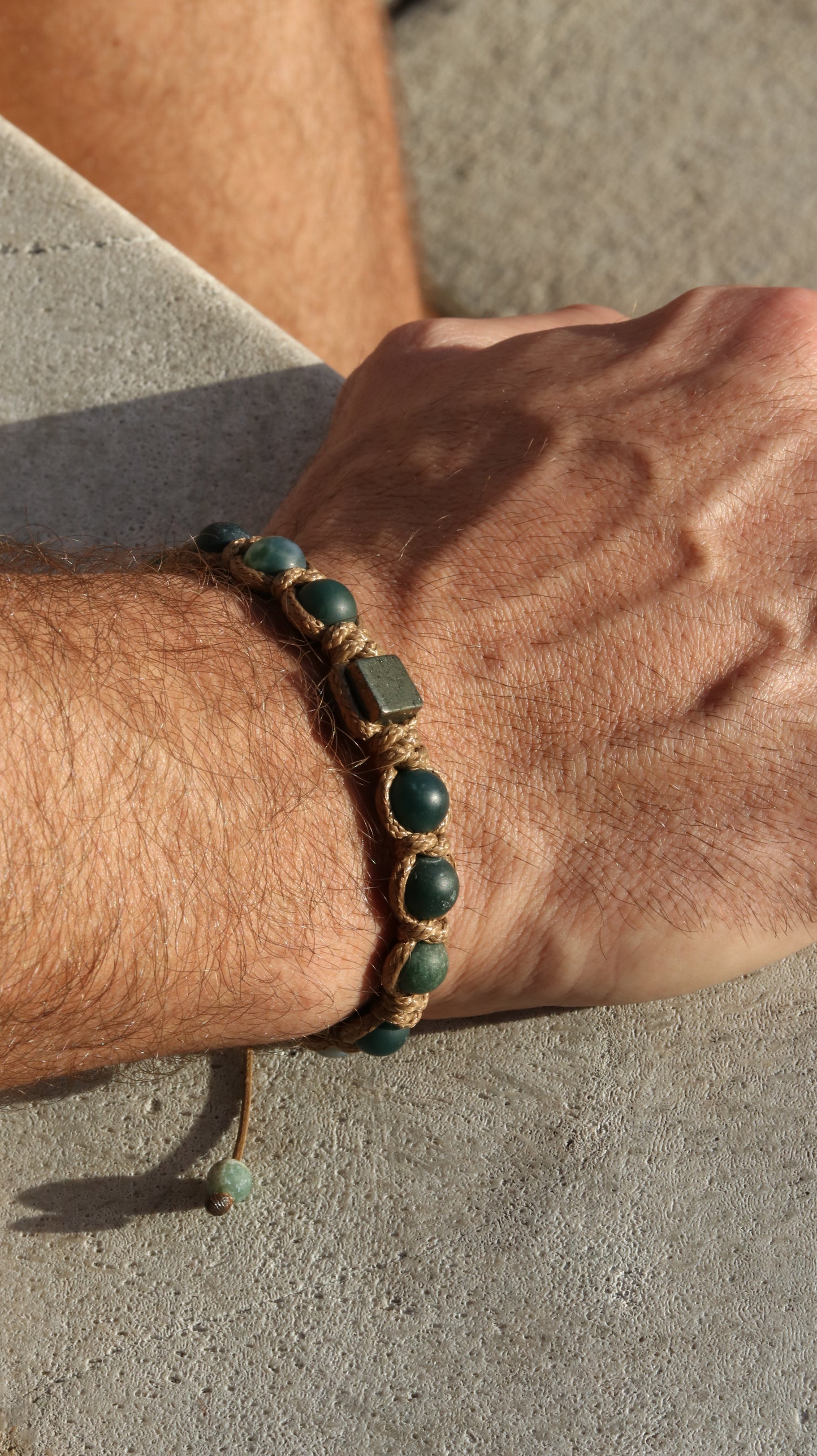 Men’s Moss Agate & Pyrite Macrame Bracelet