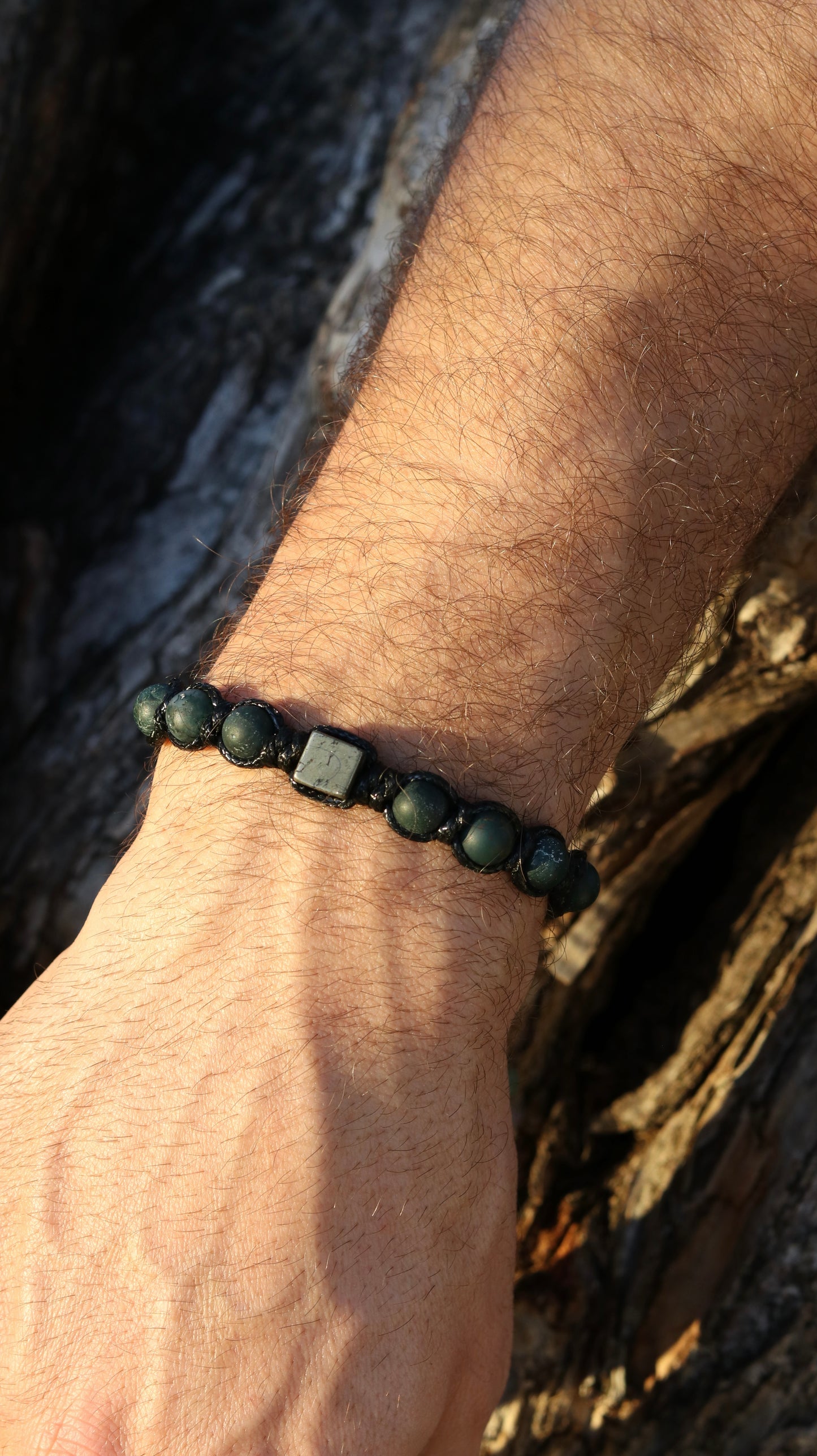 Men’s Moss Agate & Pyrite Macrame Bracelet