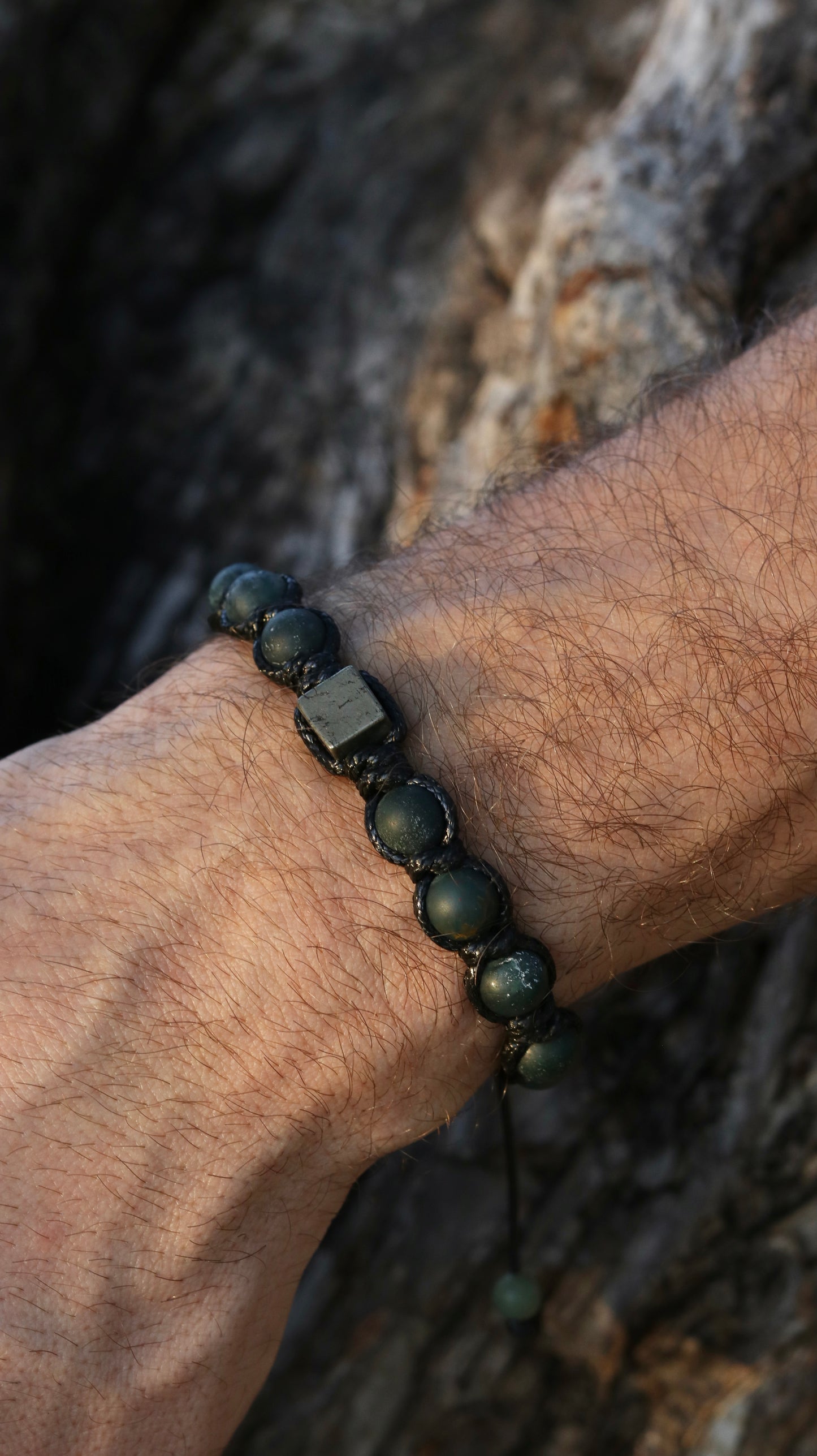 Men’s Moss Agate & Pyrite Macrame Bracelet