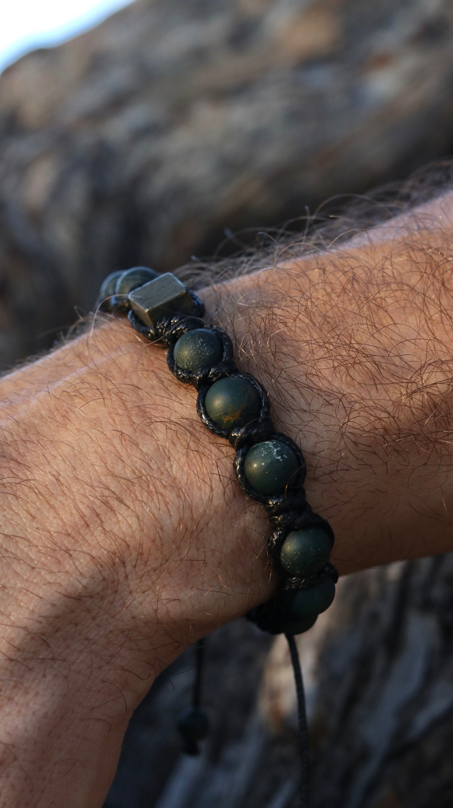Men’s Moss Agate & Pyrite Macrame Bracelet