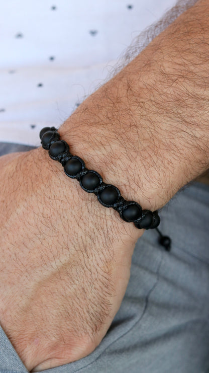 Black Onyx & Pyrite Men’s Macrame Bracelet