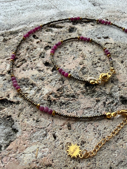 Violeta Set | Dainty Ruby Bead Necklace & Bracelet