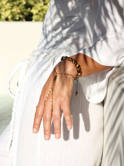Tiger's Eye hand chain bracelet solar plexus chakra gemstone with gold chain personal power jewelry