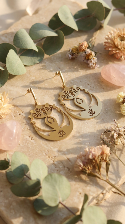 Gold Lotus Om Earrings