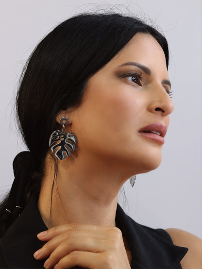 Gold and Silver Monstera Leaf Drop Earrings