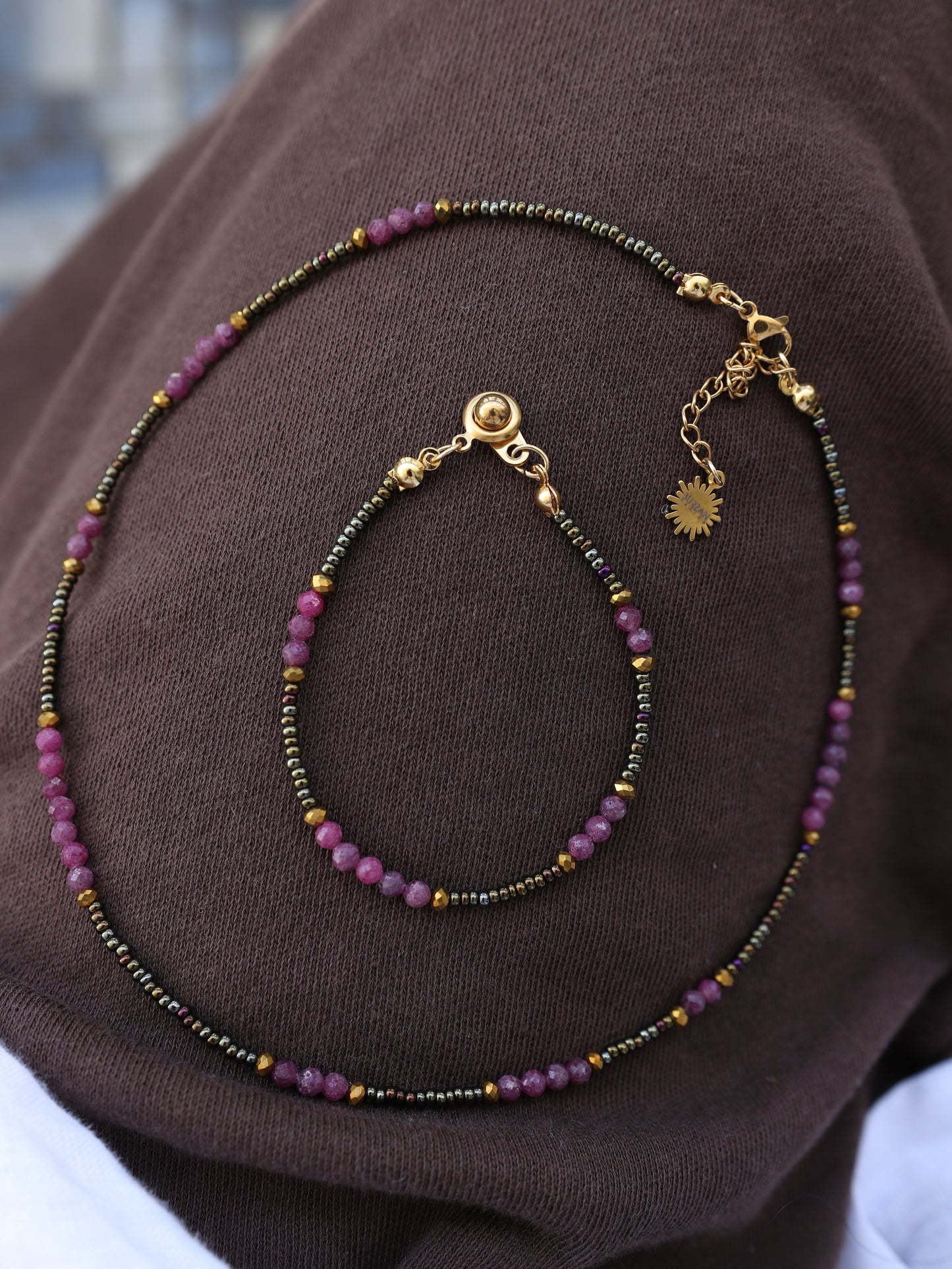 Violeta Set | Dainty Ruby Bead Necklace & Bracelet