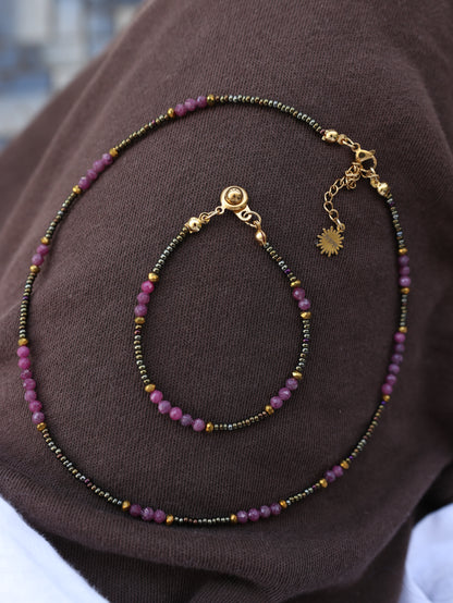 Violeta Set | Dainty Ruby Bead Necklace & Bracelet