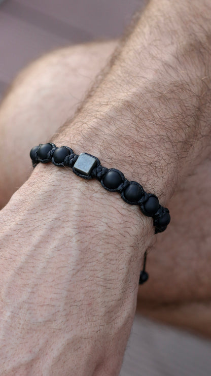 Black Onyx & Pyrite Men’s Macrame Bracelet