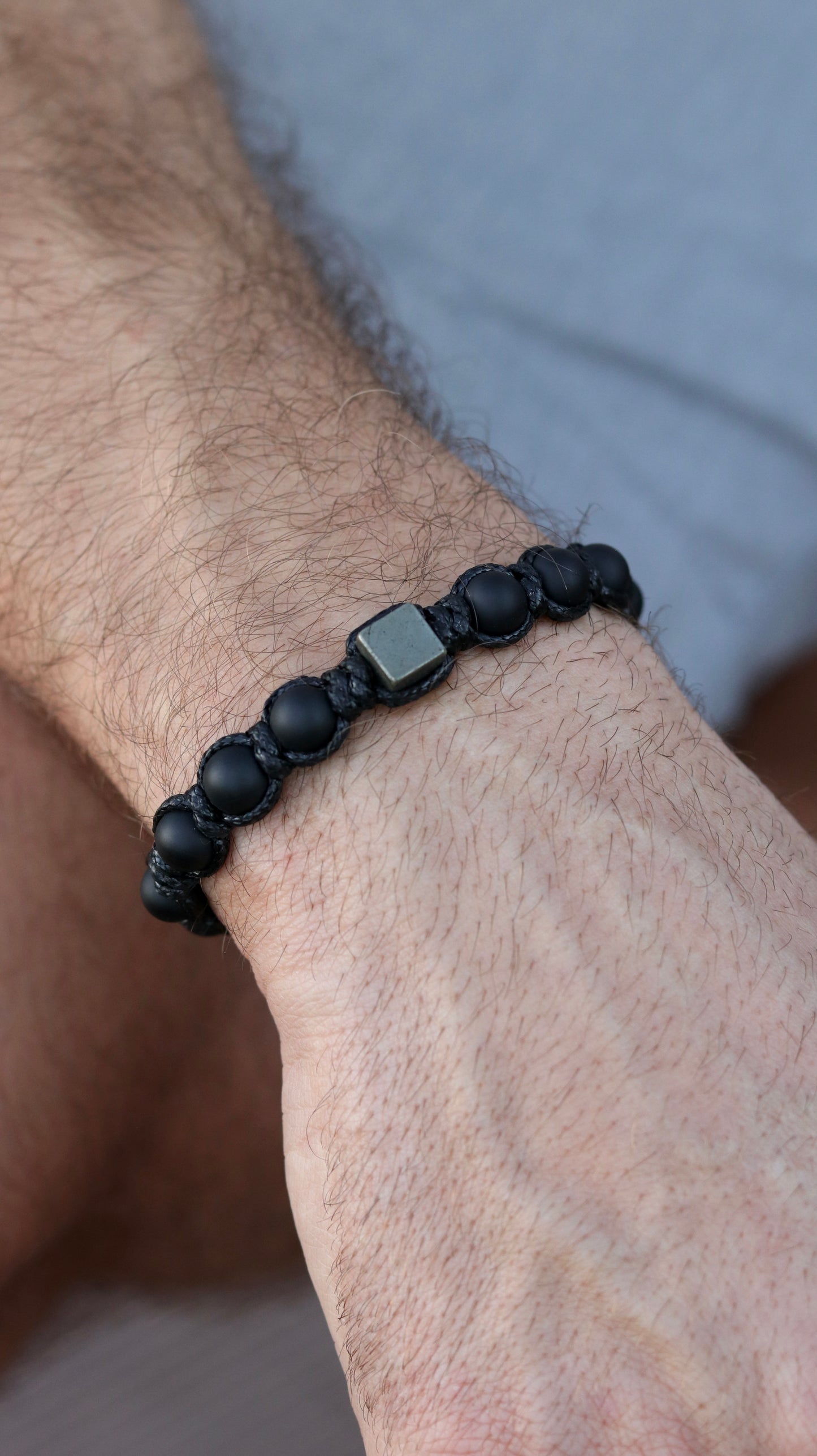 Black Onyx & Pyrite Men’s Macrame Bracelet